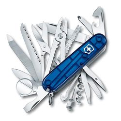 Victorinox Swiss Champ, Swiss Army Knife, navalha suíça multiusos com 33 funções, incluindo alicates combinados, tesouras e lupa, de cor azul transparente