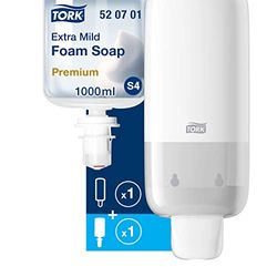 Tork Dispensador de jabón en espuma para jabón en espuma y desinfectante de manos - Sistema de dispensador S4, Blanco + Jabón en espuma extra suave, 1 x 1000 ml