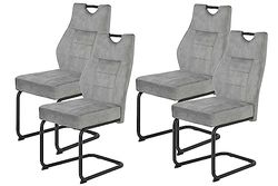 Hela Tische, Linda Lot de 4 chaises Luge pour Salle à Manger, Microfibre argentée, Armature en Tube Rond et Gris, Assise Confortable avec Panier à Ressorts, Charge Max. 140 kg