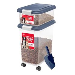 IRIS USA Dog Food Storage Container, 30 lbs & 11 lbs Combo, Cat Food Storage Container, Dog Treat Container, Airtight, Stackable, 2-Cup Scoop, Wheels, Easy Mobility, Navy