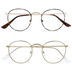OPULIZE Sol Gafas de Lectura Bloqueo de Luz Azul Pack de 2 Montura Retro Redonda Marrón Dorado Resistente a Arañazos Bisagras de Muelle Ordenador Gaming Antirreflejante Hombre Mujer BB94-29 +1.00