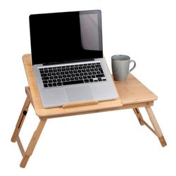 Mesa de Cama Ajustable para Ordenador portátil, 21,5 x 27,5 cm, Mesa de Cama Plegable, con Soporte para Bebidas y Ranura para Tablet, Madera de bambú, Color marrón