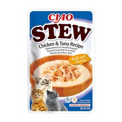 INABA Churu Stew - Guiso para Gatos - Snacks Receta Pollo/Atún - Premios Ricos y Cremosos - Sin Cereales, Conservantes, Colorantes - Pocas Calorías - 40g