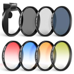 NEEWER Kit de filtro ND para teléfono de 67 mm, clip de lente mejorado, montaje de zapata fría/perilla de bloqueo, CPL/ND32/estrella de 6 puntos/4 filtros de color graduados compatibles con 15 Pro Max