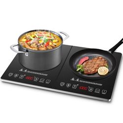AMZCHEF Induction Hob 2 Plates with Separate Controls, Double Induction Hob with 10 Temperature Settings, 2800W Multiple Power Levels, Safety Lock, 3-hour Timer
