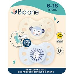 BIOLANE - Tétines anatomiques animaux - Sucettes extra-fines - 6 à 18 mois- Bleu et Beige - Téterelle plate et réversible- Confort optimal- Respect du développement bucco-dentaire