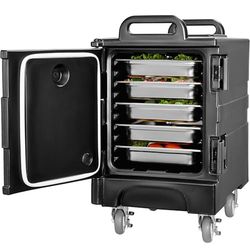 VEVOR Conteneur Isotherme pour Plateau Gastronorme 75 L, Boîte de Transport Empilable, Chargement Frontal, avec Doubles Boucles, Poignées et Roulettes, Porte-plateaux pour Restauration Cantine, Noir