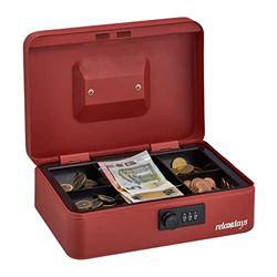 Relaxdays Caja Dinero, Combinación Números 3 Cifras, Acero, Cajita para Monedas y Billetes, 8,5 x 25 x 19 cm, Rojo, 80% 10% plástico