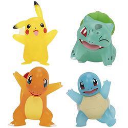 Pokémon PKW2798 Battle - Paquete de 4 Figuras translúcidas con Pikachu de 3 Pulgadas, Charmander, Bulbasaur, Squirtle-Authentic Details, Plata, Negro