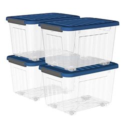 Cetomo 80L* 4 Plastic Opbergdoos, Transparant, Draagtas, Organiserende Container met Duurzaam blauw Deksel en Veilige Klink Gespen, Stapelbaar en Nestable, 4Pack, met Gesp