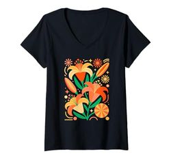 Donna Abstract Art Giglio Pianta Giardinaggio Botanica Giardino Maglietta con Collo a V