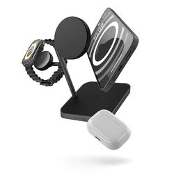 Zens Office Wireless Charger 3, chargeur sans fil de 15 W compatible avec MagSafe et Qi2 pour iPhone, Apple Watch, AirPods, adaptateur secteur de 45 W (EU,UK,US) et câble intégré de 1,5 m inclus, Noir