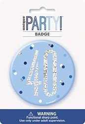 Unique Party 83521 - Badge 40e Anniversaire - 7,5 cm - Fête d'Anniversaire à thème Bleu et Argent Glitz