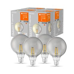 LEDVANCE Ampoule LED intelligente avec Wifi, culot E27, gradable, blanc chaud (2500K), forme Globe, filament clair dans un verre fumé, remplacement des ampoules de 48W, paquet de 4