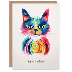 Artery8 Birthday Greeting Card Trippy Rainbow Cat Illustration For Her