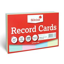 Silvine 8x5" Multi-gekleurde Record Cards - Gevoerd met kop, 100 kaarten per pak. Ref 585AC (203 x 127mm)