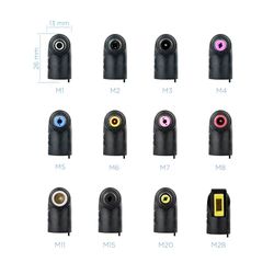 Cargador portátil 90W para auto con 2 puertos USB y 12 conectores, ideal para cargar dispositivos electrónicos en viajes.