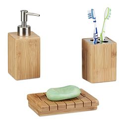 Relaxdays Set Accessori Bagno in Bambù, 3 Oggetti per Lavandino, Dispenser, Porta-Sapone e Portaspazzolini, Marrone