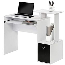 BAKAJI Bureau avec tiroir en Tissu, étagère supérieure, bibliothèque et Support pour Clavier, Amovible, pour Ordinateur Portable, en Bois MDF, pour Maison, Bureau, Chambre (Blanc)