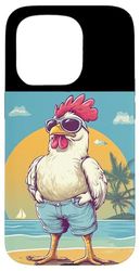 Orgoglioso pollo sulla spiaggia con occhiali da sole e palme Custodia per iPhone 15 Pro