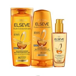 L'Oréal Paris - Routine Capillaire pour Cheveux Secs - Cheveux Nourris - Huiles Rares de Marula & Camélia - 3 Produits - Shampooing, Démêlant, Huile - Elseve Huile Extraordinaire