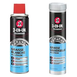 3-EN-UN Technique • Graisse Blanche au Lithium • Aérosol • Forte adhérence • Protection anticorrosion • Action longue durée • 250 ML & Technique • Graisse Universelle au Lithium • Cartouche • 400 G