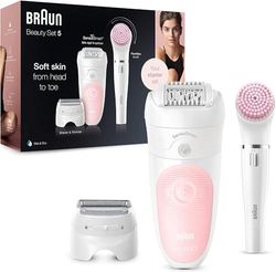 Braun Silk-épil Beauty Set 5 Épilateur Électrique Femme Blanc/Rose, pour débutantes, 6-en-1 Sans Fil, Wet & Dry, Rasoir, Nettoyage Et Exfoliation, Visage Et Corps, 5-895