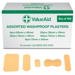 Value Aid Assorted Washproof Plasters - Pack of 100 Individually Wrapped Hypoallergenic, Latex-Free Adhesive - 5 Popular Sizes for First Aid Kit & On-The-Go Medical Supplies