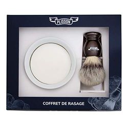 Plisson Coffret Rasage Blaireau Marron Nacré en Fibre Blanche Taille 12 Support Bol Savon