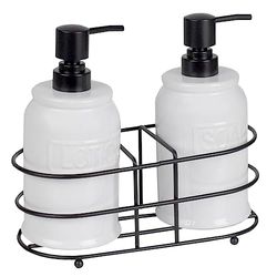 Home Basics Distributeur de 3 pièces en céramique émaillée gaufrée avec Double Compartiment en métal pour Savon Liquide, Lotion, shampooing, huiles essentielles, Acier, Blanc