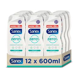 Sanex Zero% Hidratante Gel de Ducha, Pack 12 Uds x 600ml, Todo Tipo de Pieles, Gel de Baño Vegano, 99% Biodegradable, 0% Sulfatos, 0% Colorantes, 0% Microplásticos