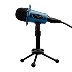 Promate Professional desktopcondensatormicrofoon met geïntegreerde volumeregeling, verstelbaar statief, 3,5 mm AUX-connectiviteit, Tweeter-8, blauw