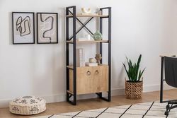 Hanah Home Industriële boekenplank, saffier & zwart, 64 x 160 x 32 cm, 100% melamine gecoat deeltjesbord, 18 mm dik, stevig metalen frame, stijlvolle opbergoplossing voor moderne ruimtes