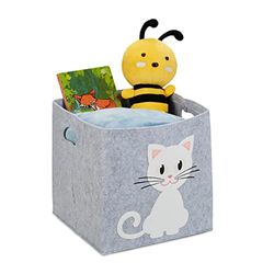 Relaxdays Felt Storage Basket, Animal Motif, Children, Foldable, HxWxD: 33 x 34 x 32 cm, Toys, Cat Print, Grey, 100%