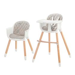 Kinderkraft 2-in-1 hoge kinderstoel SIENNA, hoge babystoel, meegroeistoel, combistoel, houten poten, 5-puntsveiligheidsgordel, voetensteun, afneembaar eetblad, antislip beenvoetjes, grijs