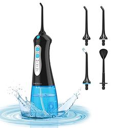 TUREWELL Hydropulseur dentaire sans fil portable pour nettoyeur de dents, 3 modes et 4 embouts de jet IPX7, étanche à l'eau, 300 ml pour la maison et les voyages (Noir)