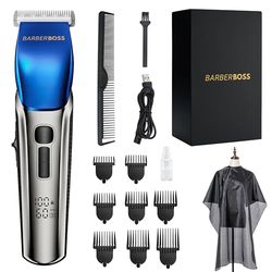 BarberBoss Hair Clippers Men, Beard Trimmer - 4 Speed Settings, Ceramic Blade, 8 Comb Attachments, LED Display, USB Charge, Waterproof, Hair Grooming Kit, QR-2083
