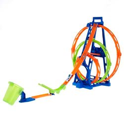 ​Hot Wheels Baan met 1 Hot Wheels auto, baanset met drievoudige looping, met een klap wordt de auto door 3 loopings gelanceerd, kan aan andere sets worden gekoppeld​​, HMX38