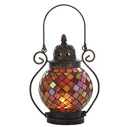 Lily's Home Lanterne décorative en Verre mosaïque et Fer forgé pour Bougie Chauffe-Plat pour intérieur ou extérieur Bougie Non Incluse Orange et Or