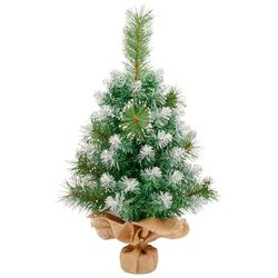 60 cm/2ft Mini Árbol de Navidad de Mesa Artificial 65 Puntas, con Decoración de Copos de Nieve, 2 Tipos de Hojas de Pino, Base de Lino, Algodón y Cemento para Decoraciones Navideñas