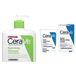 CeraVe Hydrating Cleanser for Normal to Dry Skin 1 Litre & PM Daily Facial Moisturiser Lotion for Normal to Dry Skin 52ml with Niacinamide and 3 Essential Ceramides