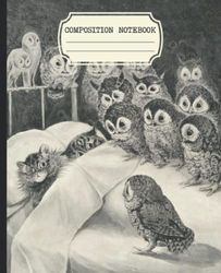 Composition Notebook: Vintage Aesthetic College Ruled With Louis Wain Cats and Owls Illustration Cover
