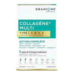GRANIONS - MULTI Collagene + Action 10 en 1-5 Types de Collagène - Collagene Marin, Collagene Type 2 - Vitamine C et Biotine - Sans Gluten - 20 études cliniques - 60 Comprimés - format 1 mois