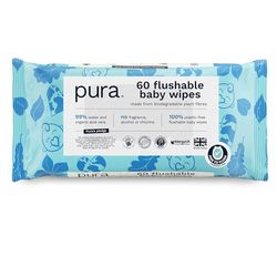Pura Flushable Eco Baby Wipes, 1 Pack (60 Water Wipes) 100% Plastic Free, 99% Water, Suitable for Sensitive, Eczema Prone Skin, Newborn Baby & Toddlers, Biodegradable, Vegan, Potty Training