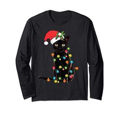 Black Cat Santa aggrovigliato nelle luci di Natale Maglia a Manica