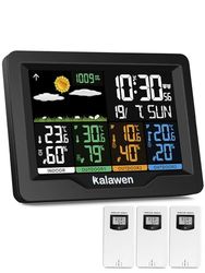 Kalawen Stazione Meteo Meterologica Digitale con 3 Sensore Esterno Wireless Automatica con Schermo LCD Display Sveglia Tempo Data Temperatura Umidità Previsioni Meteo