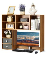 VEVOR Desktop Boekenplank, 3-Tier Houten Desktop Opslag Organizer, 37" x 10" x 31" Office Opslag Rack Houten Display Plank, Desktop Boekenplank Hutch met Twee Stoffen Laden, voor Kantoor, Thuis &