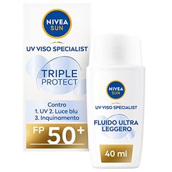 NIVEA SUN Crema Solare Triple Protection FP 50+ in Tubetto da 40 ml, Crema Solare Viso 50+ in Fluido Leggero, Crema Viso Acido Ialuronico e Vitamina E per Uso Quotidiano