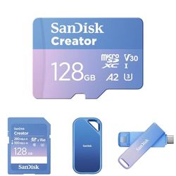 SanDisk Creator Series - Starter Kit (Includes: Creator microSD 128GB, Creator SD Card 128GB, Creator Phone Drive 128GB, Creator USB Type-C Flash drive 256GB, Creator Pro Portable NVMe SSD 1TB)