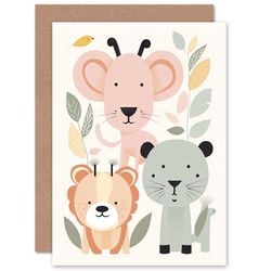 Artery8 Cute Zoo Baby Animals Pastel for Child Children Kids Birthday Daughter Son Toddler Baby Blank Art Greeting Card
